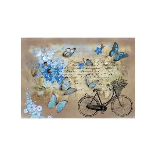 [638] PAPEL DE ARROZ MARIPOSAS AZULES Y BICI A3